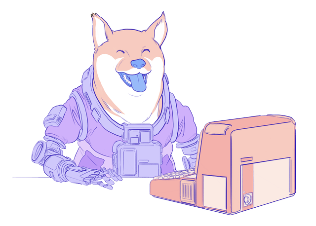 Illustrazione di un cane doge che utilizza un computer.